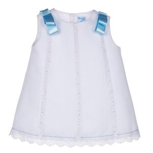 LOVELY WHITE DRESS W/LACE & BLUE RIBBON pique Luli & Me 4T NWT